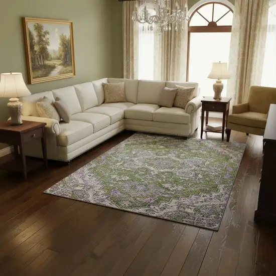 Olive Green Purple And Gray Floral Medallion Washable Area Rug With UV Protection Photo 2