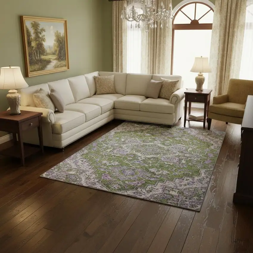 Olive Green Purple And Gray Floral Medallion Washable Area Rug With UV Protection Photo 2