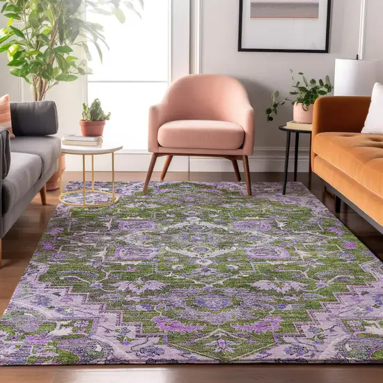 Olive Green Purple And Gray Floral Medallion Washable Area Rug With UV Protection Photo 5