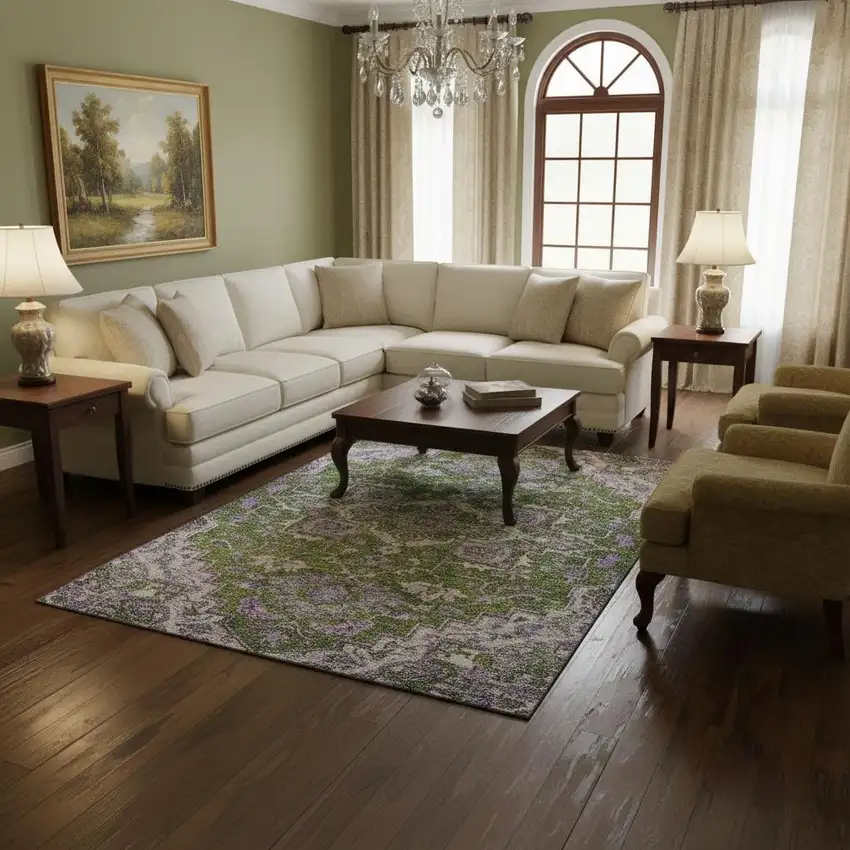 Olive Green Purple And Gray Floral Medallion Washable Area Rug With UV Protection Photo 2