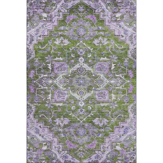 Olive Green Purple And Gray Floral Medallion Washable Area Rug With UV Protection Photo 1
