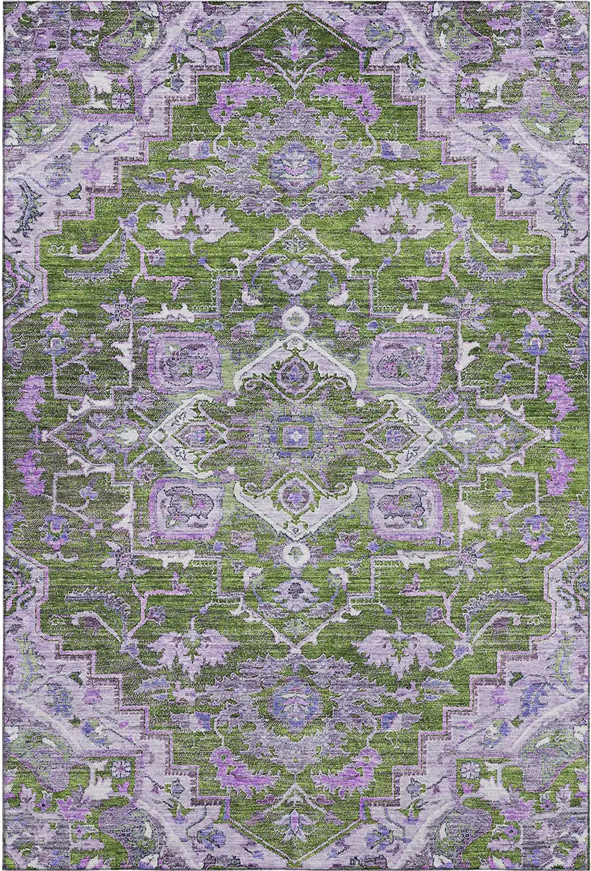 Olive Green Purple And Gray Floral Medallion Washable Area Rug With UV Protection Photo 1