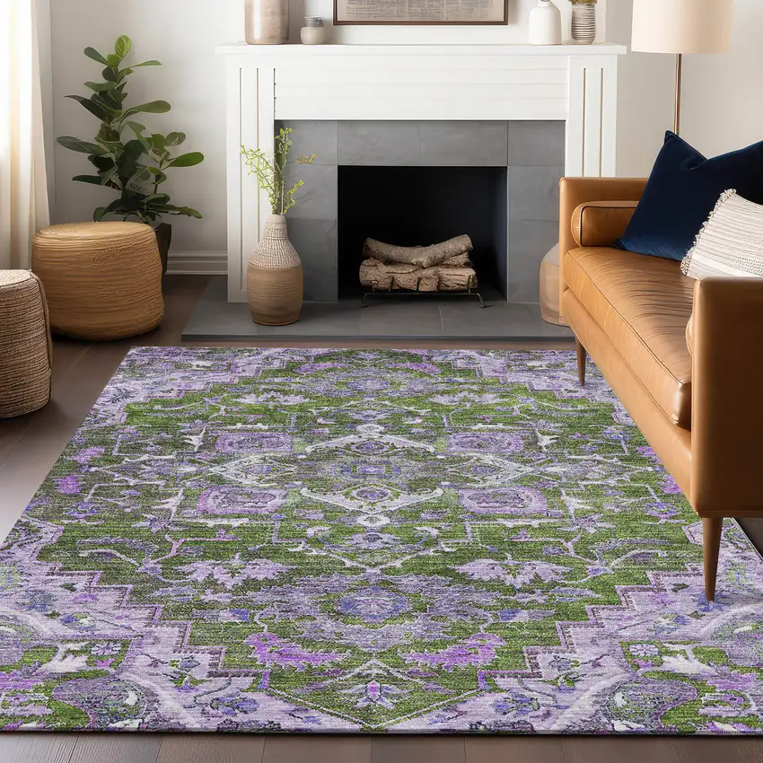 Olive Green Purple And Gray Floral Medallion Washable Area Rug With UV Protection Photo 6