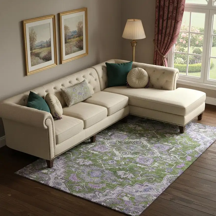 Olive Green Purple And Gray Floral Medallion Washable Area Rug With UV Protection Photo 1