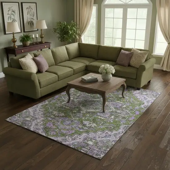 Olive Green Purple And Gray Floral Medallion Washable Area Rug With UV Protection Photo 2