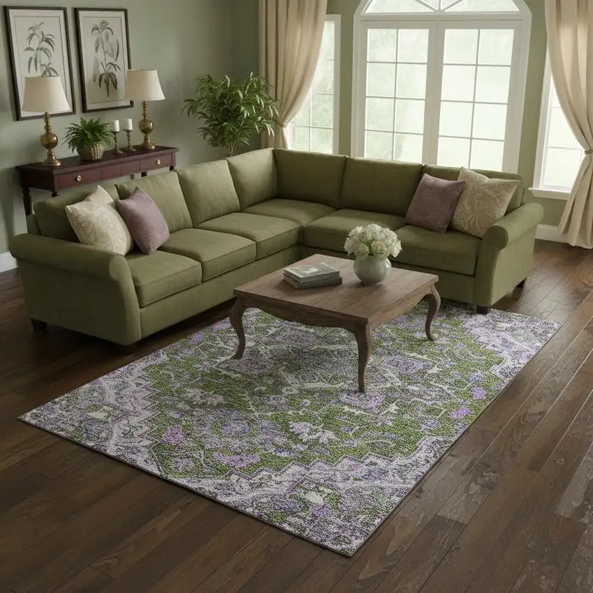 Olive Green Purple And Gray Floral Medallion Washable Area Rug With UV Protection Photo 2