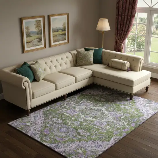 Olive Green Purple And Gray Floral Medallion Washable Area Rug With UV Protection Photo 1