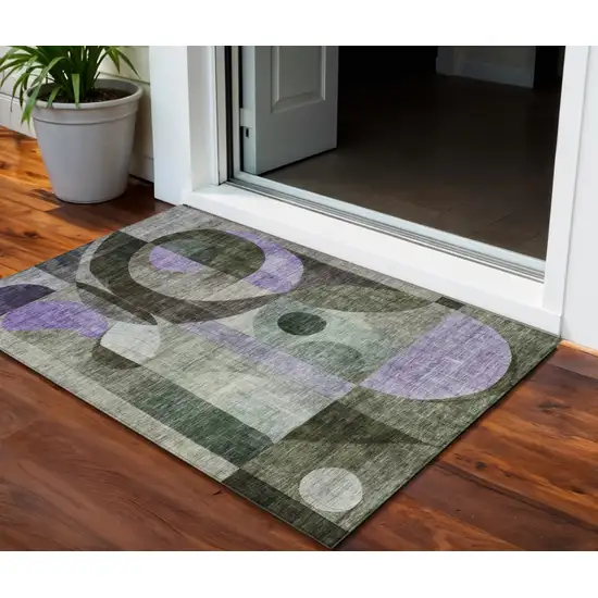 Olive Green Purple And Gray Geometric Washable Indoor Outdoor Area Rug Photo 1
