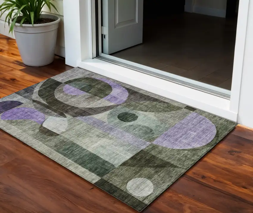 Olive Green Purple And Gray Geometric Washable Indoor Outdoor Area Rug Photo 1