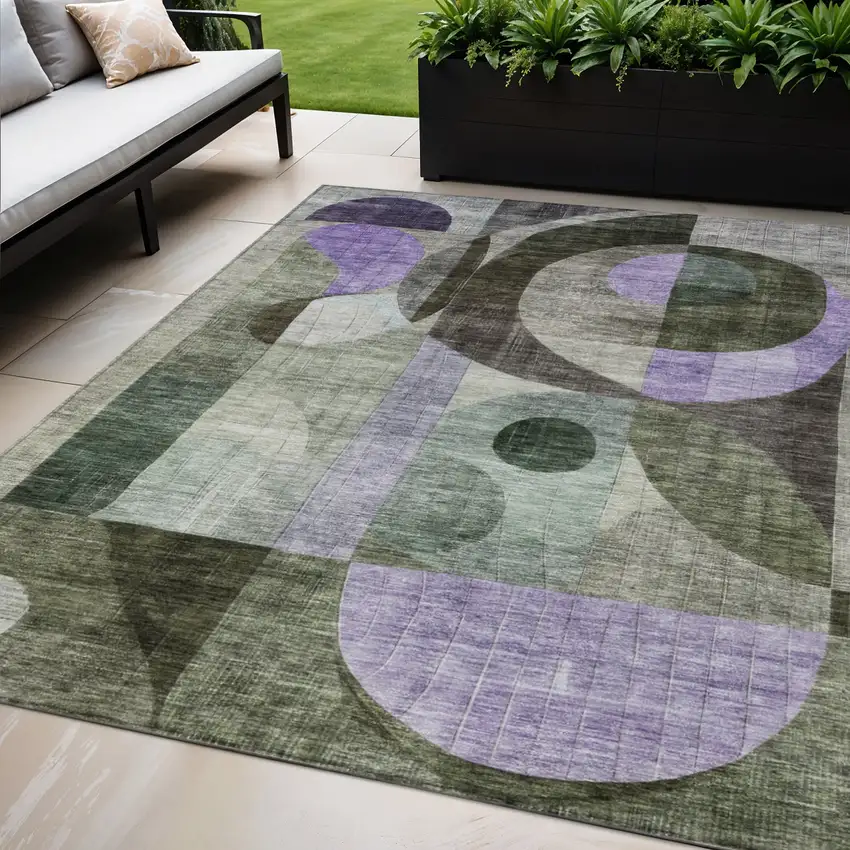 Olive Green Purple And Gray Geometric Washable Indoor Outdoor Area Rug Photo 1