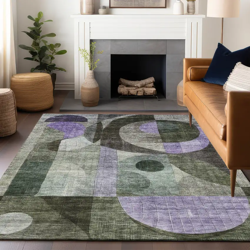 Olive Green Purple And Gray Geometric Washable Indoor Outdoor Area Rug Photo 7