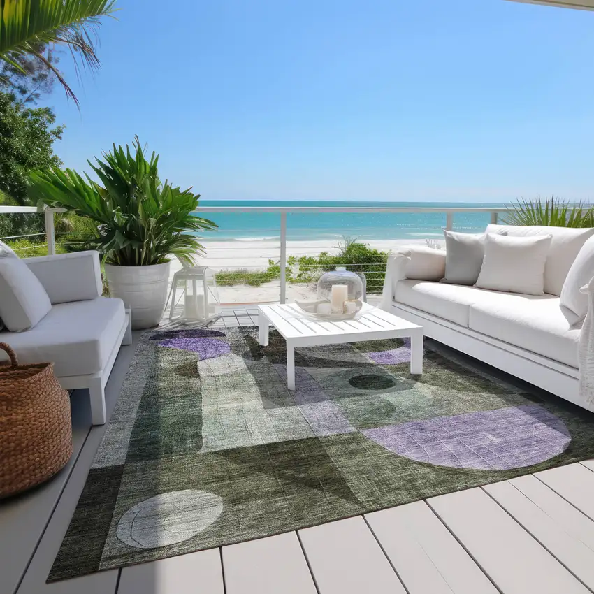 Olive Green Purple And Gray Geometric Washable Indoor Outdoor Area Rug Photo 9