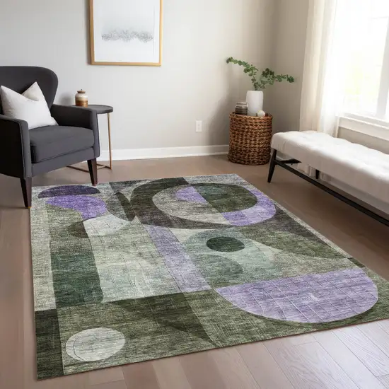 Olive Green Purple And Gray Geometric Washable Indoor Outdoor Area Rug Photo 9