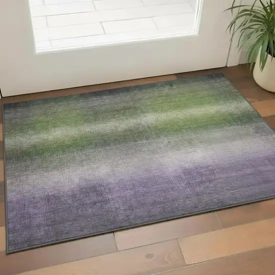 Olive Green Purple And Gray Striped Washable Area Rug With UV Protection Photo 2