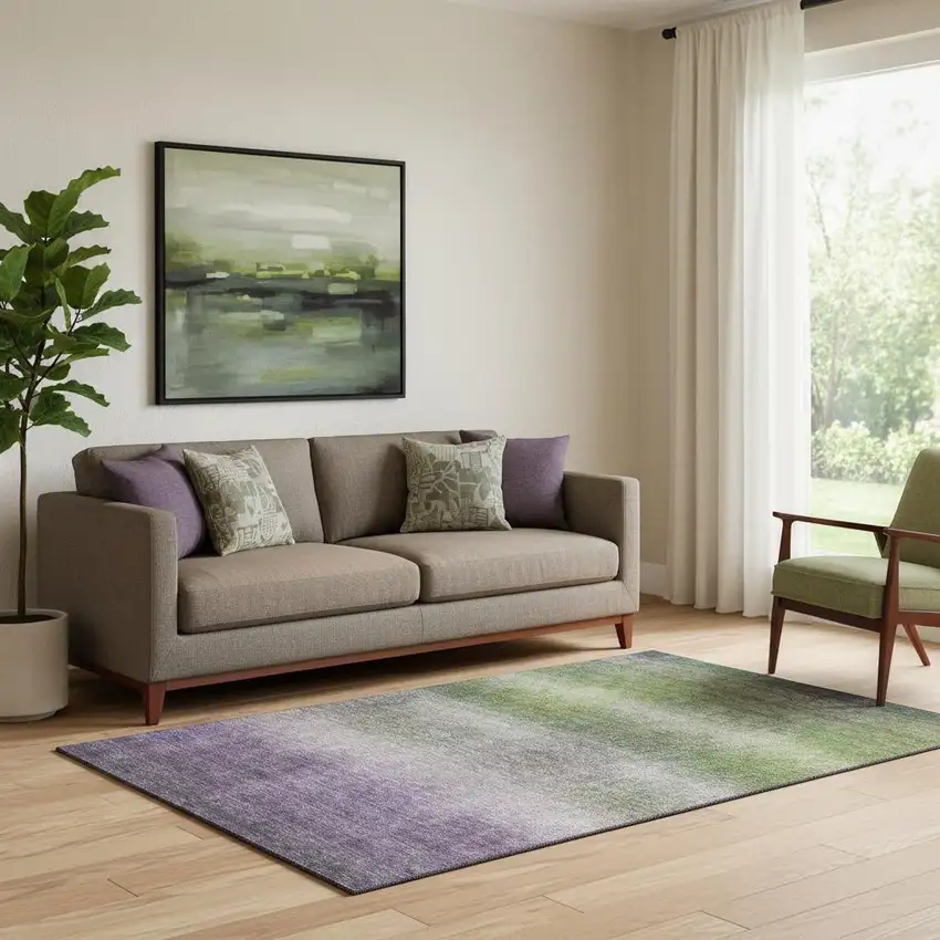 Olive Green Purple And Gray Striped Washable Area Rug With UV Protection Photo 2