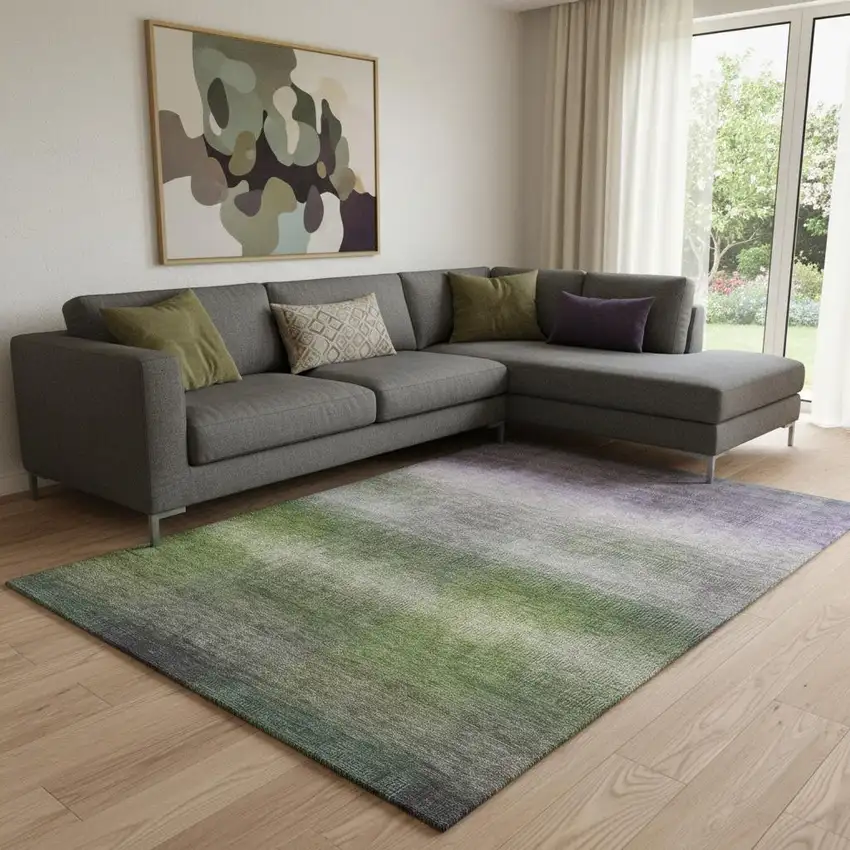 Olive Green Purple And Gray Striped Washable Area Rug With UV Protection Photo 2