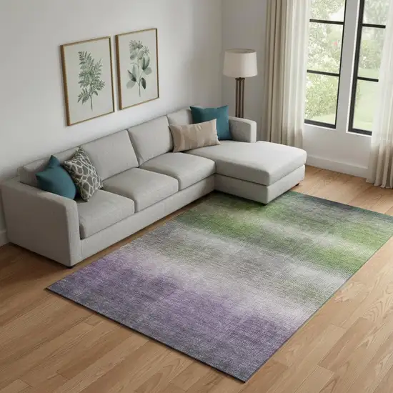 Olive Green Purple And Gray Striped Washable Area Rug With UV Protection Photo 2