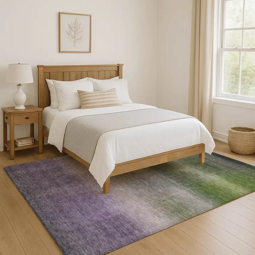 Olive Green Purple And Gray Striped Washable Area Rug With UV Protection Photo 5