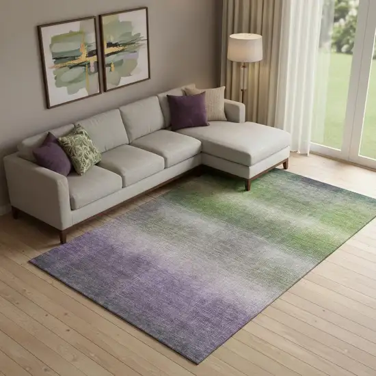 Olive Green Purple And Gray Striped Washable Area Rug With UV Protection Photo 2