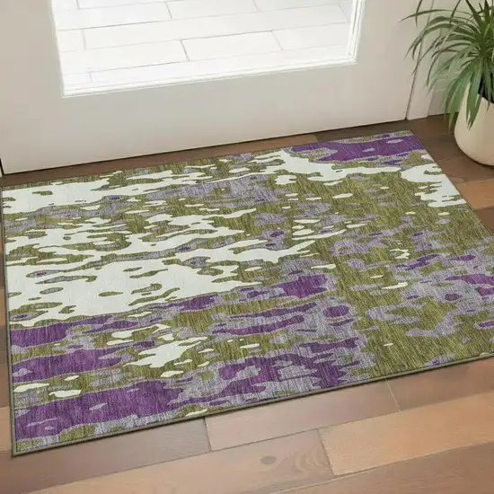 Olive Green Purple And Ivory Abstract Washable Area Rug With UV Protection Photo 2