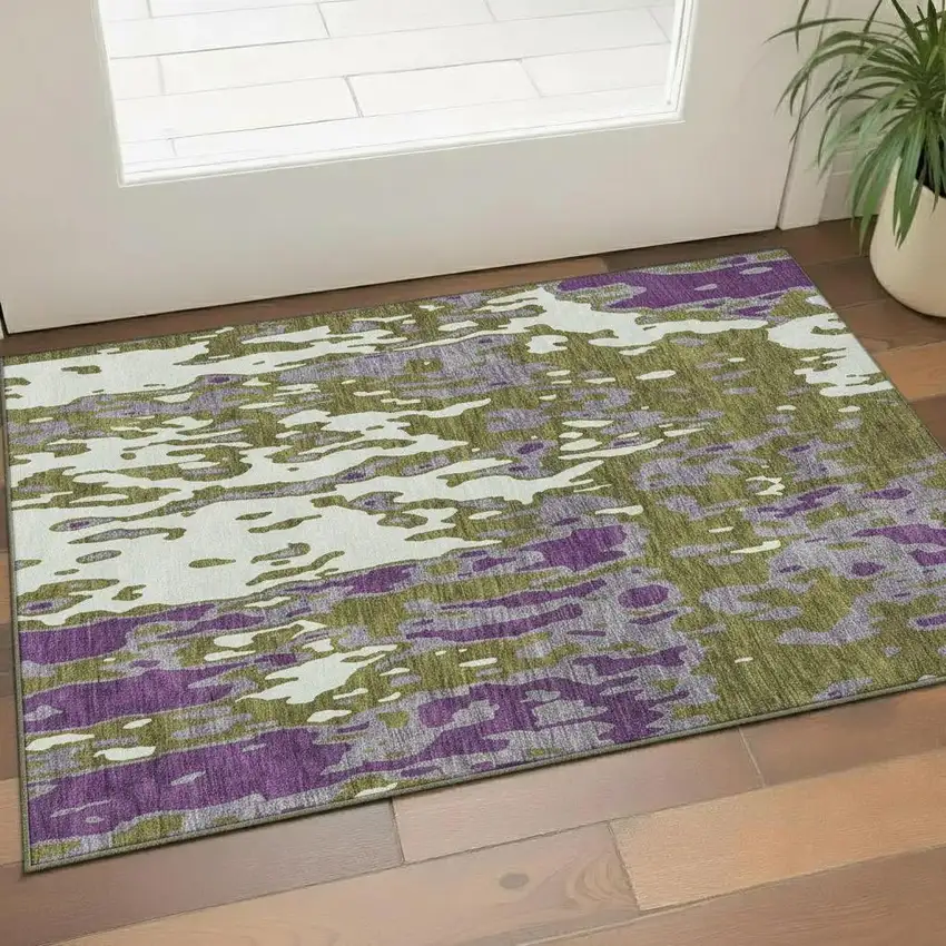 Olive Green Purple And Ivory Abstract Washable Area Rug With UV Protection Photo 2