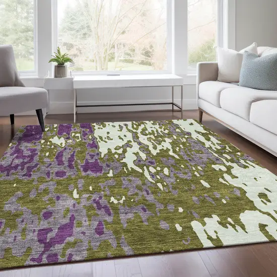 Olive Green Purple And Ivory Abstract Washable Area Rug With UV Protection Photo 5