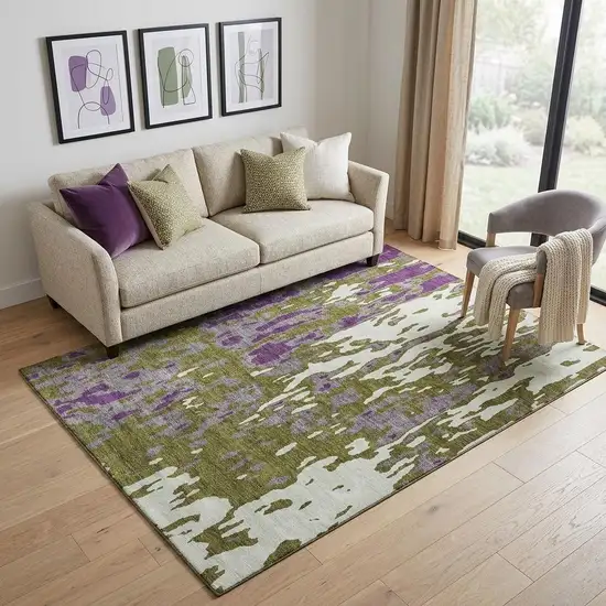 Olive Green Purple And Ivory Abstract Washable Area Rug With UV Protection Photo 1