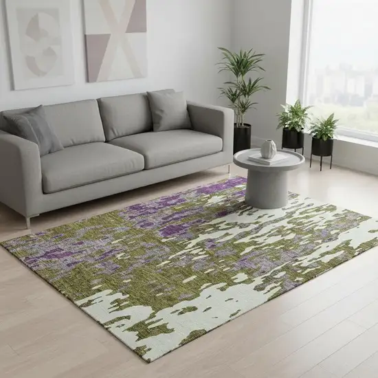 Olive Green Purple And Ivory Abstract Washable Area Rug With UV Protection Photo 2