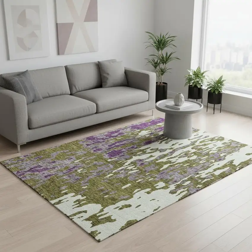 Olive Green Purple And Ivory Abstract Washable Area Rug With UV Protection Photo 2