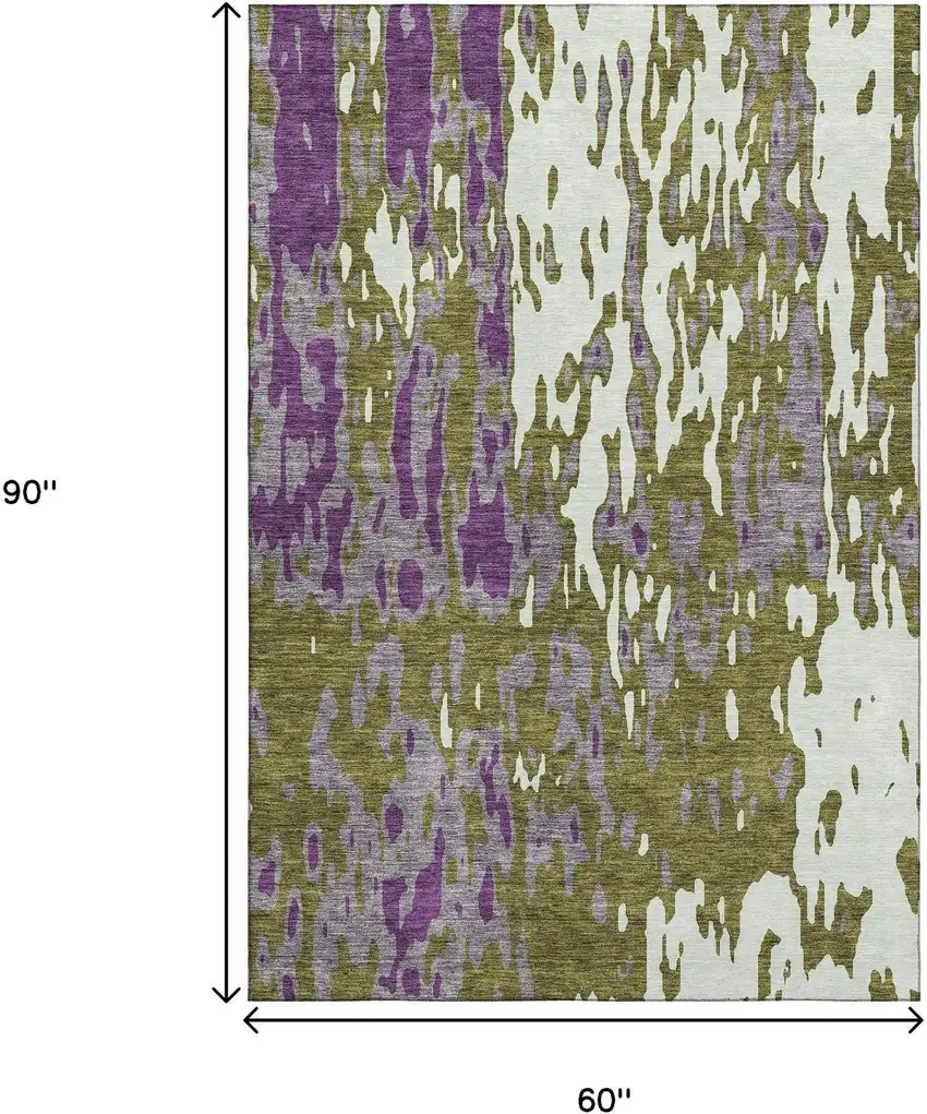 Olive Green Purple And Ivory Abstract Washable Area Rug With UV Protection Photo 8