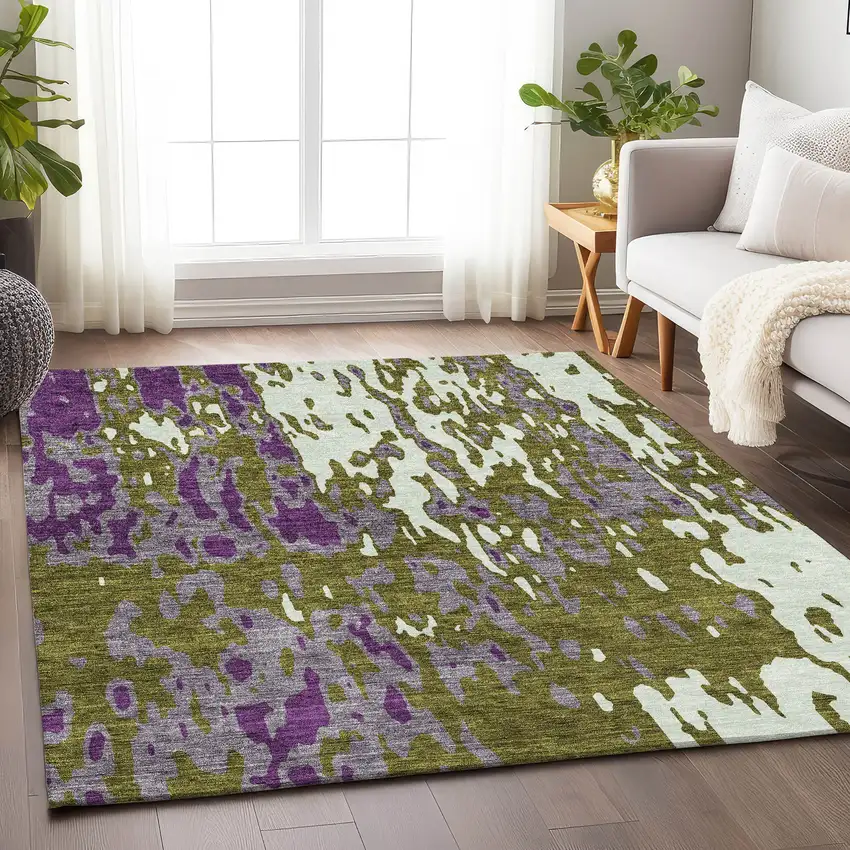 Olive Green Purple And Ivory Abstract Washable Area Rug With UV Protection Photo 4