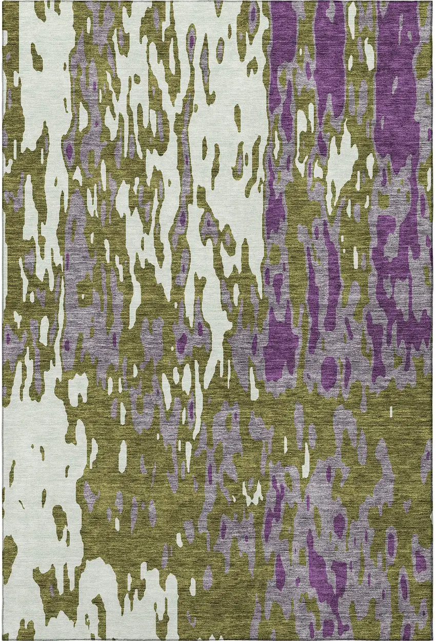 Olive Green Purple And Ivory Abstract Washable Area Rug With UV Protection Photo 4