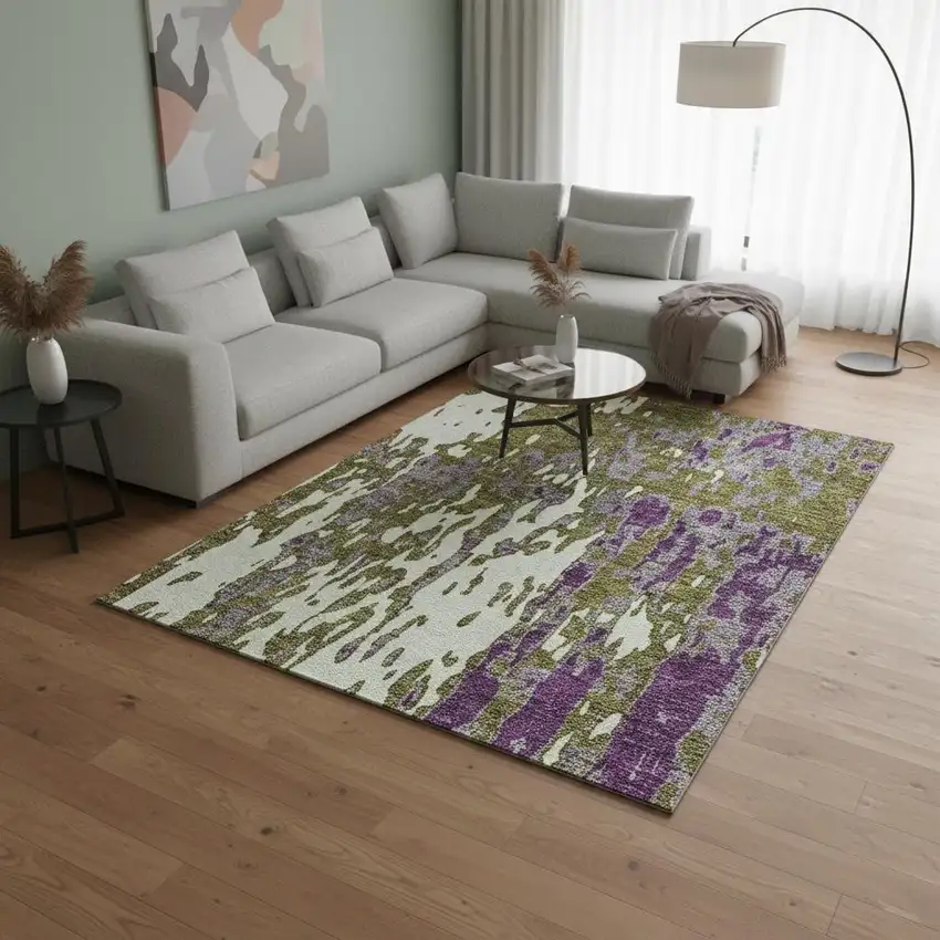 Olive Green Purple And Ivory Abstract Washable Area Rug With UV Protection Photo 2