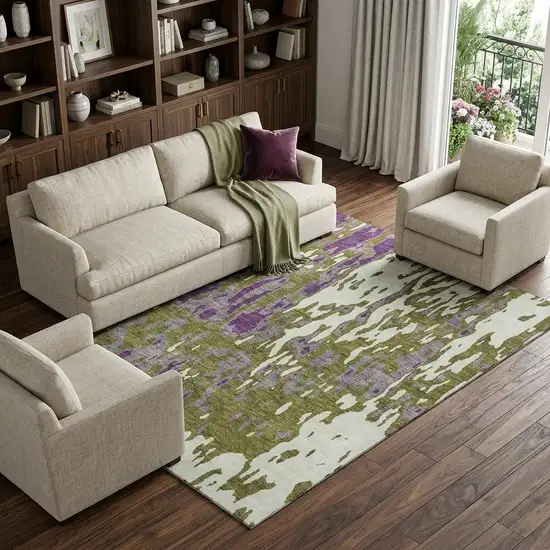 Olive Green Purple And Ivory Abstract Washable Area Rug With UV Protection Photo 1