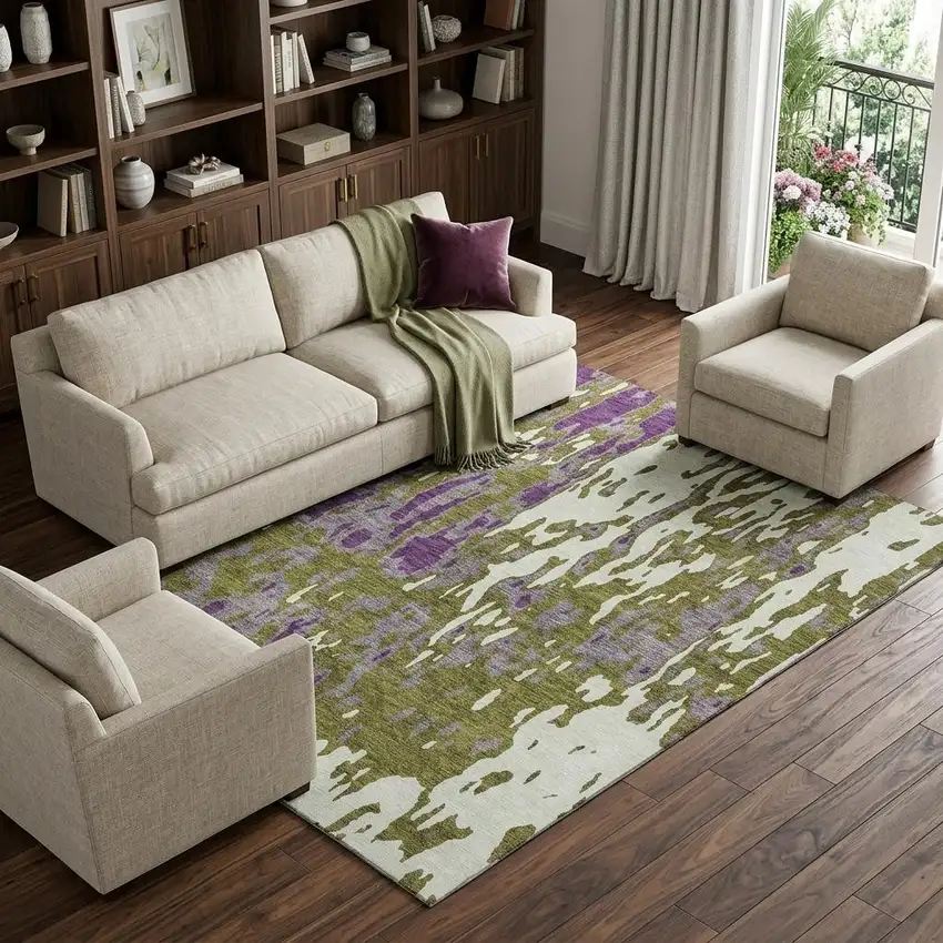 Olive Green Purple And Ivory Abstract Washable Area Rug With UV Protection Photo 1