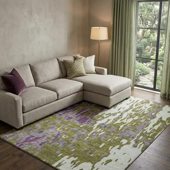 Olive Green Purple And Ivory Abstract Washable Area Rug With UV Protection Photo 1
