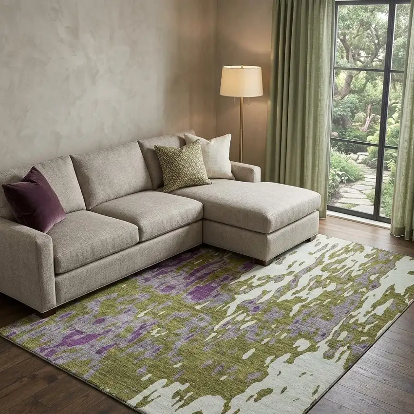 Olive Green Purple And Ivory Abstract Washable Area Rug With UV Protection Photo 1