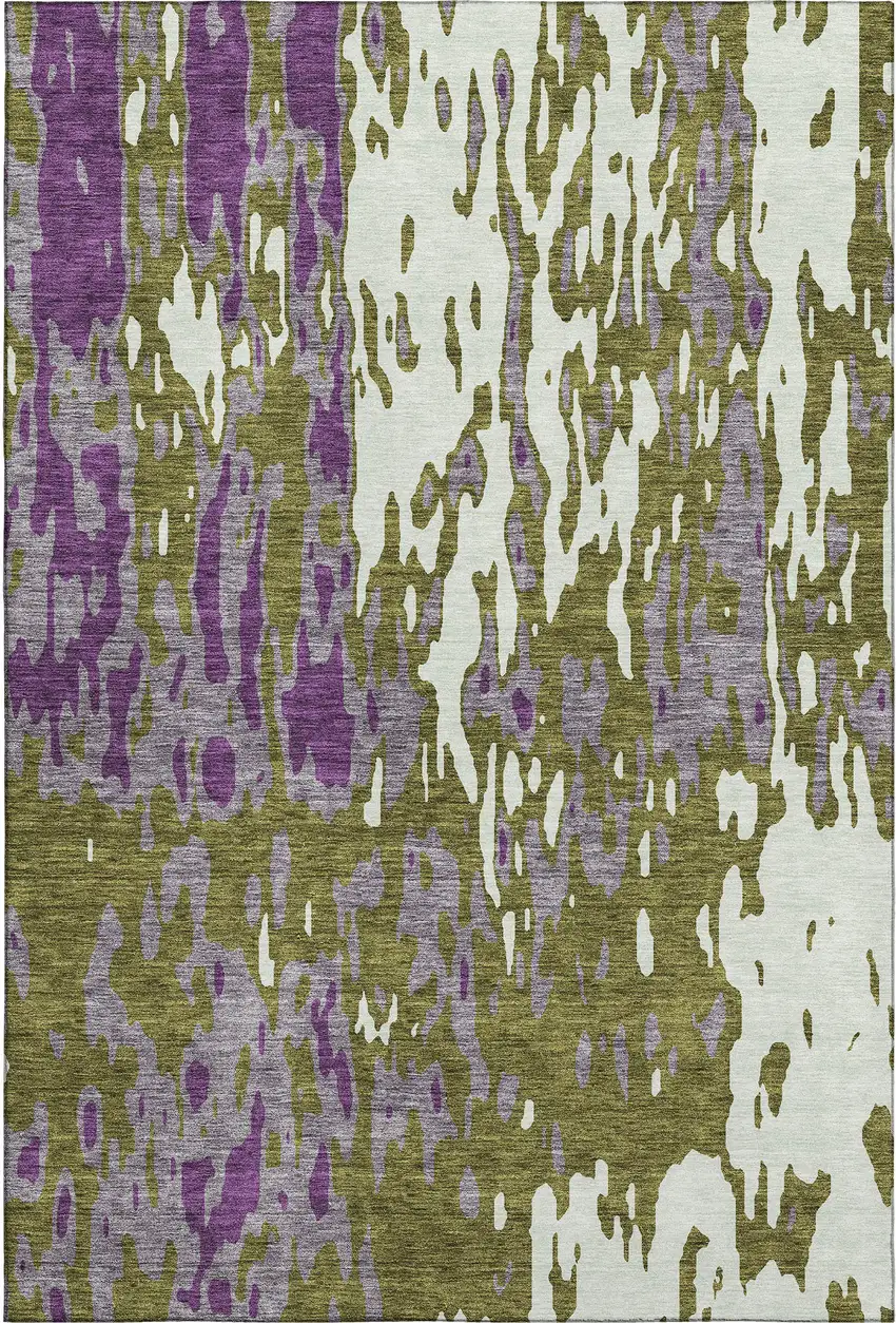 Olive Green Purple And Ivory Abstract Washable Area Rug With UV Protection Photo 1