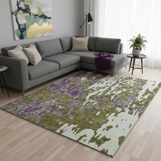 Olive Green Purple And Ivory Abstract Washable Area Rug With UV Protection Photo 2