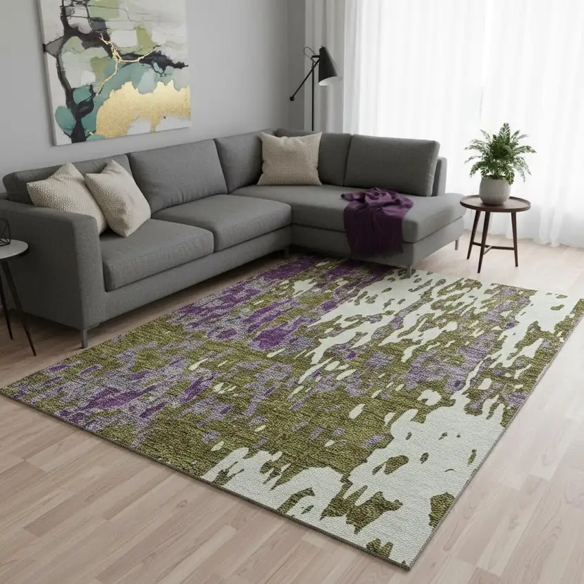 Olive Green Purple And Ivory Abstract Washable Area Rug With UV Protection Photo 2