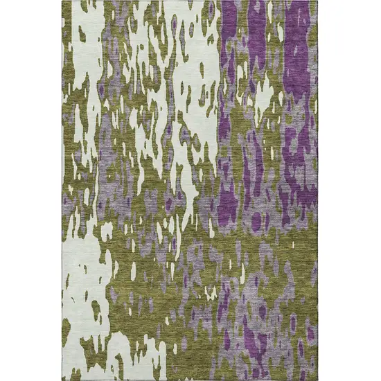 Olive Green Purple And Ivory Abstract Washable Area Rug With UV Protection Photo 2