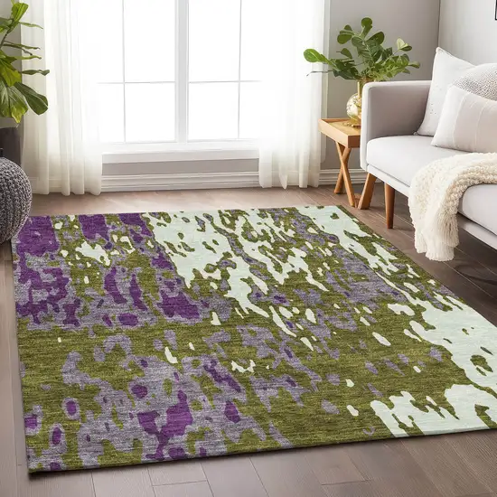 Olive Green Purple And Ivory Abstract Washable Area Rug With UV Protection Photo 3