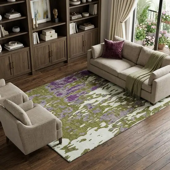 Olive Green Purple And Ivory Abstract Washable Area Rug With UV Protection Photo 1