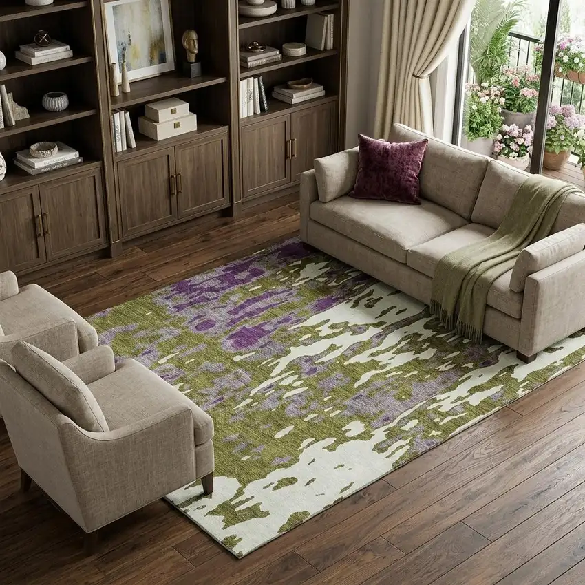 Olive Green Purple And Ivory Abstract Washable Area Rug With UV Protection Photo 1