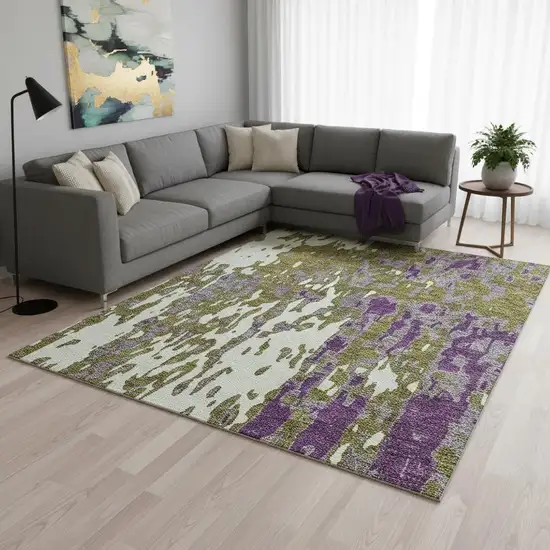 Olive Green Purple And Ivory Abstract Washable Area Rug With UV Protection Photo 2