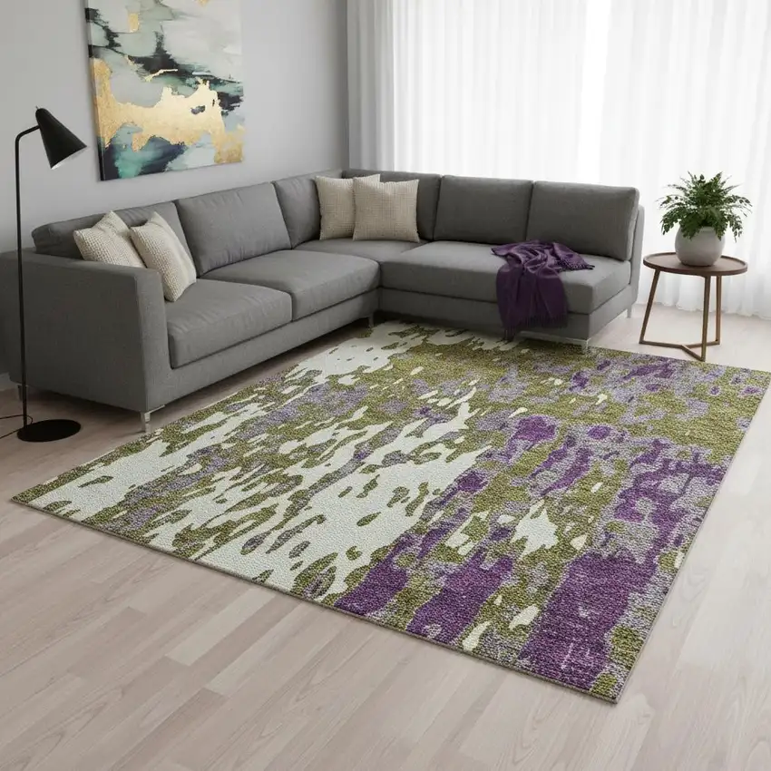 Olive Green Purple And Ivory Abstract Washable Area Rug With UV Protection Photo 2