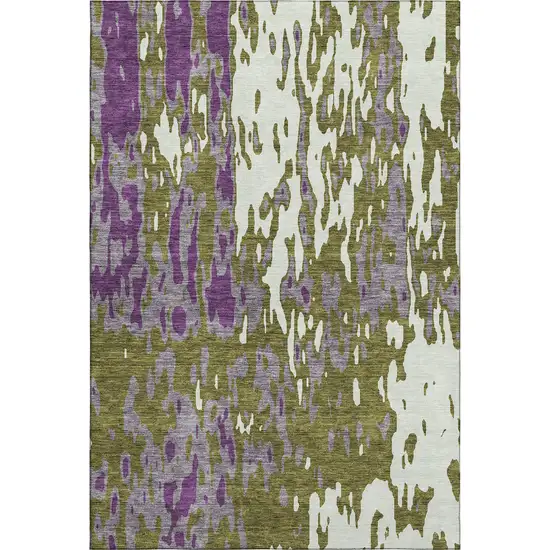 Olive Green Purple And Ivory Abstract Washable Area Rug With UV Protection Photo 1