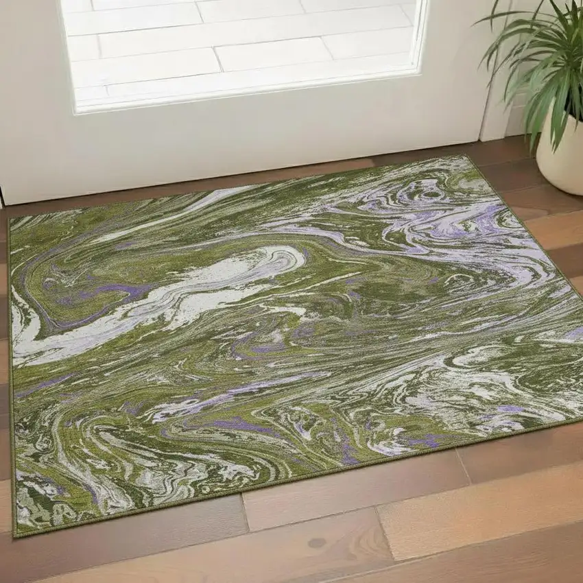 Olive Green Purple And Ivory Abstract Washable Area Rug With UV Protection Photo 2