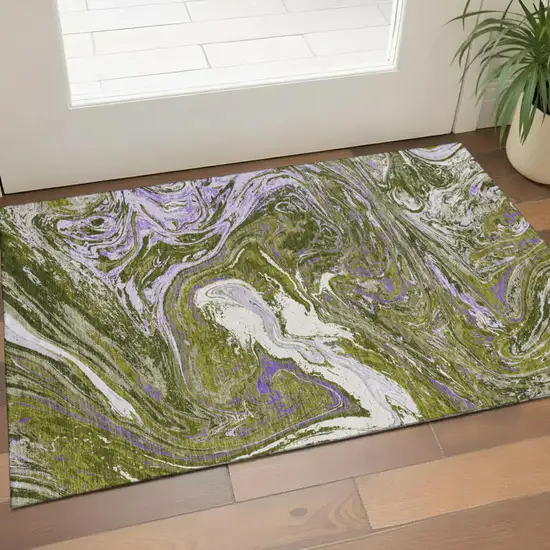 Olive Green Purple And Ivory Abstract Washable Area Rug With UV Protection Photo 1