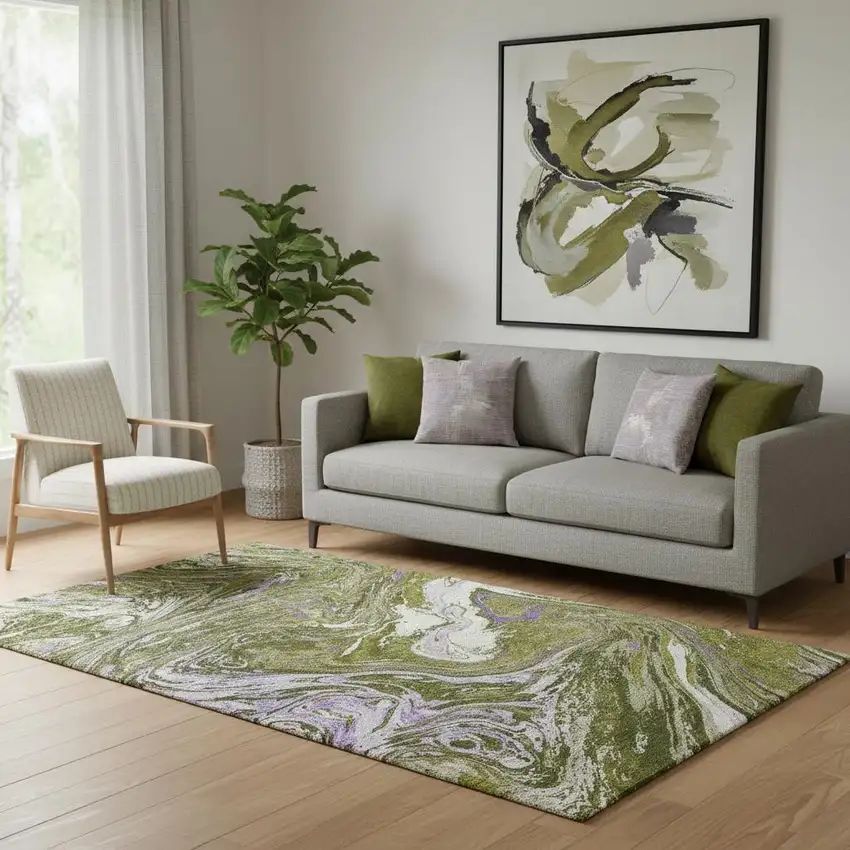 Olive Green Purple And Ivory Abstract Washable Area Rug With UV Protection Photo 2